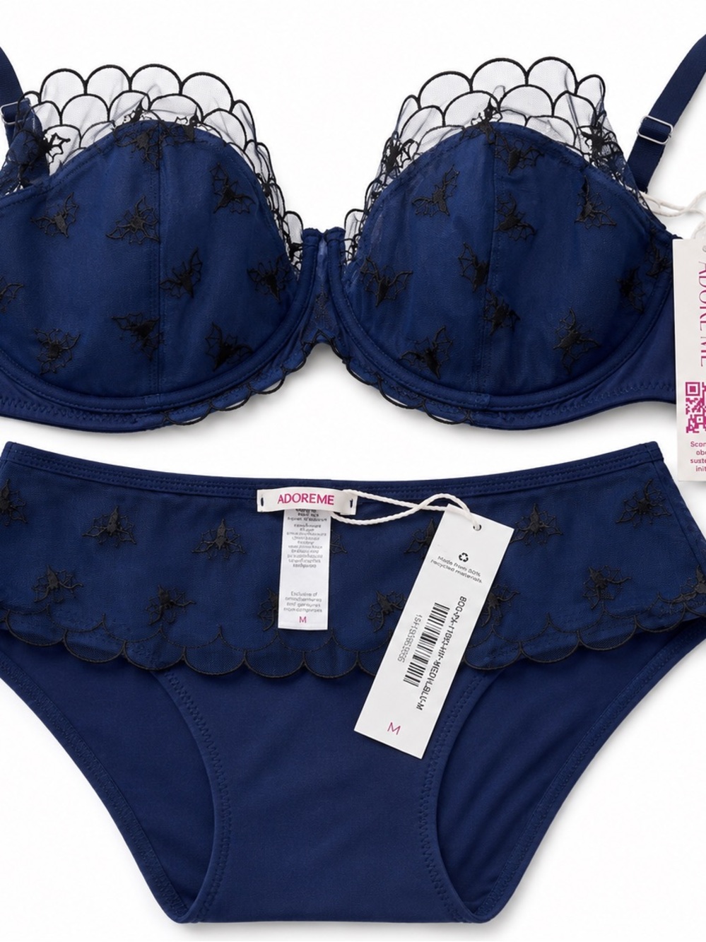 Adore Me Navy Bra & Brief Set with Black Lace Overlay